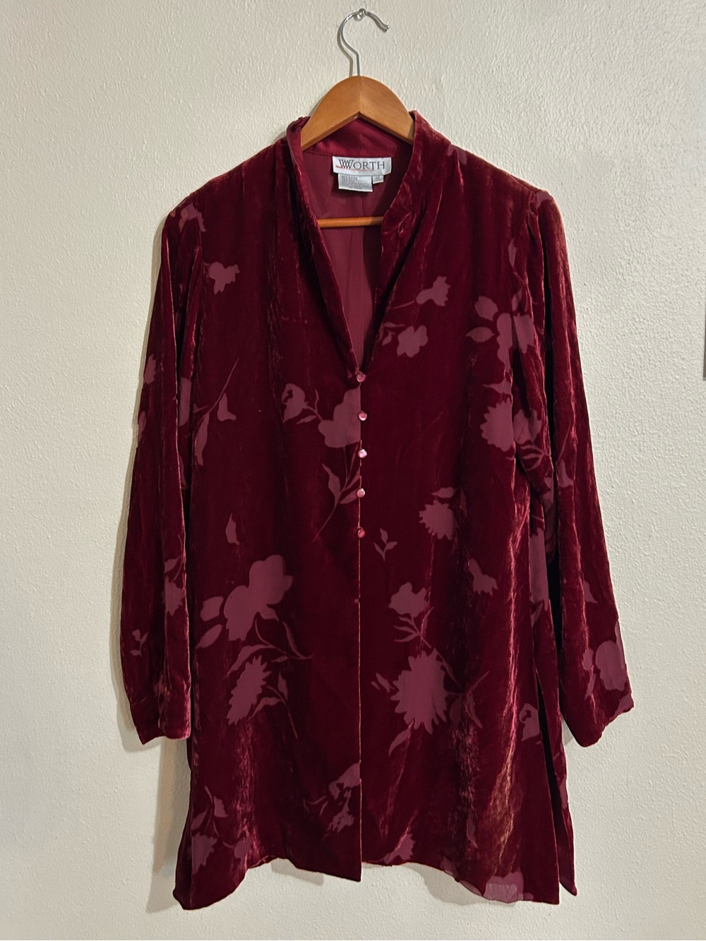 Burgundy Floral Burnout Velvet Tunic Top Long Sleeve Mandarin Whimsigoth Silk 10